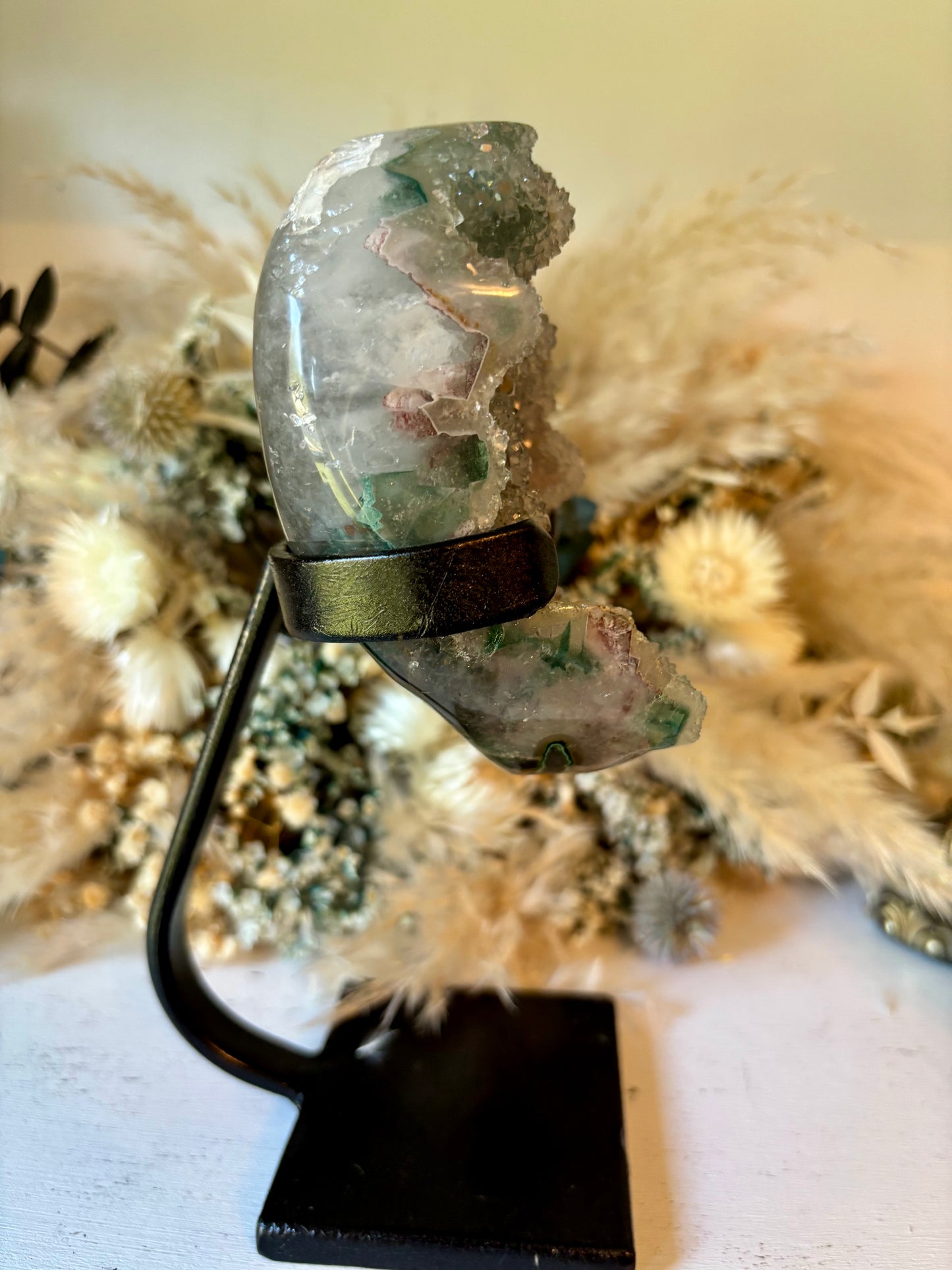 Cotton candy rainbow amethyst on custom stand from Uruguay
