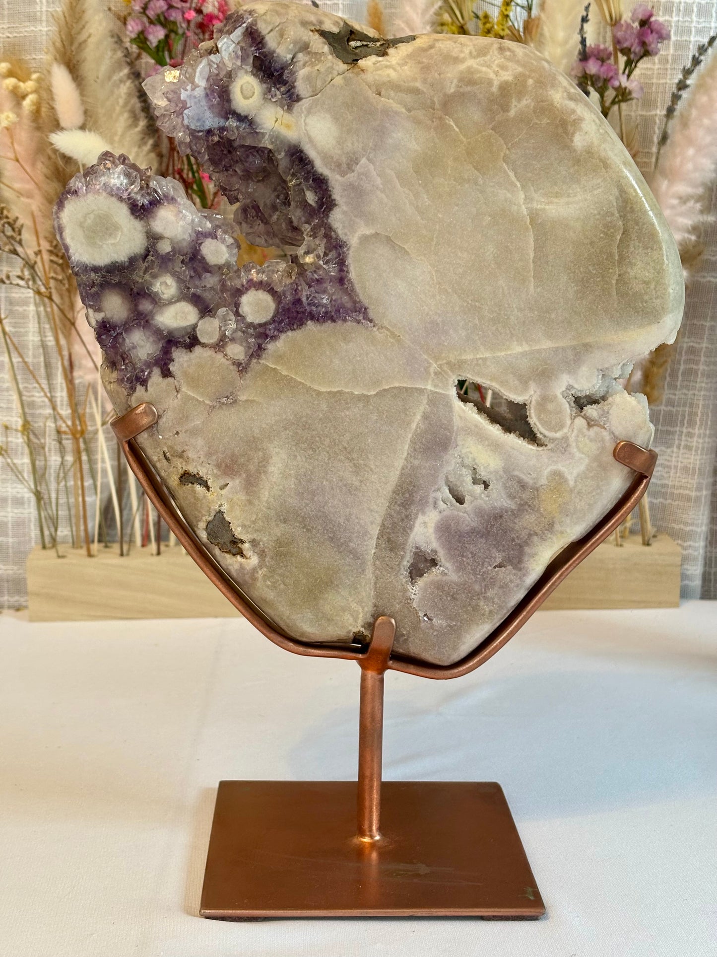 High quality pink amethyst slab with purple flower-like formations