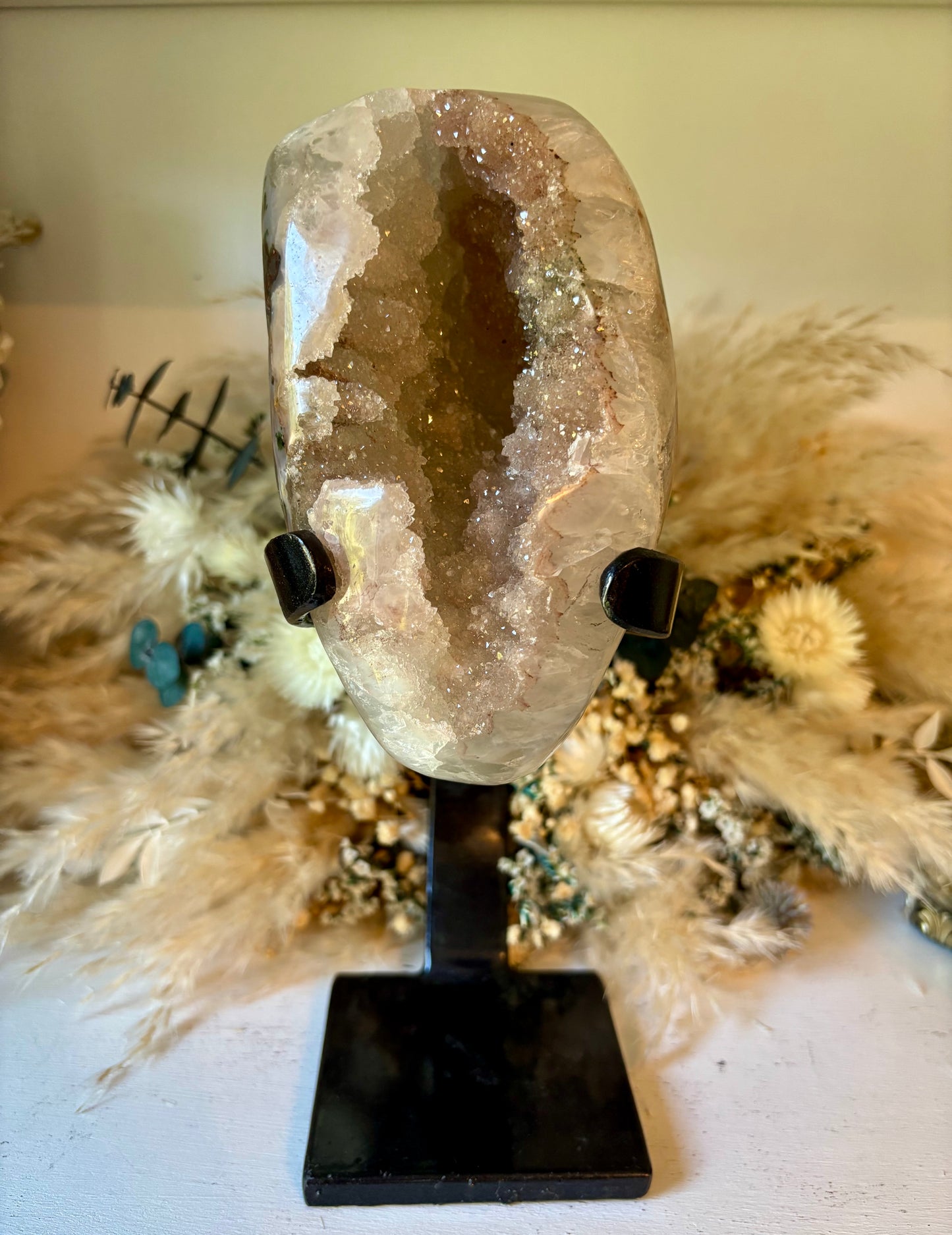 Sugary pink rainbow amethyst on custom stand from Uruguay, fully polished