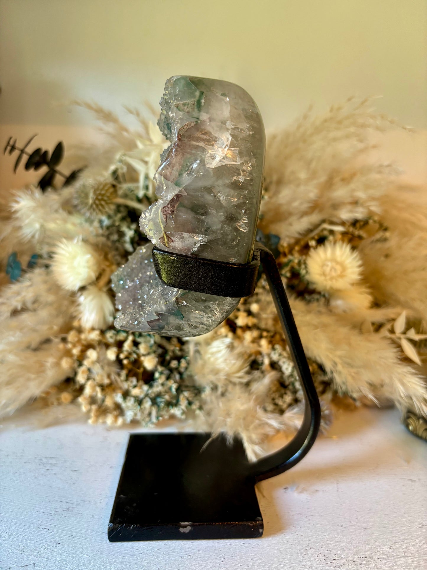 Cotton candy rainbow amethyst on custom stand from Uruguay