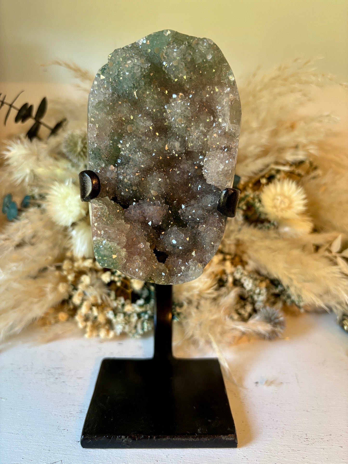 Cotton candy rainbow amethyst on custom stand from Uruguay
