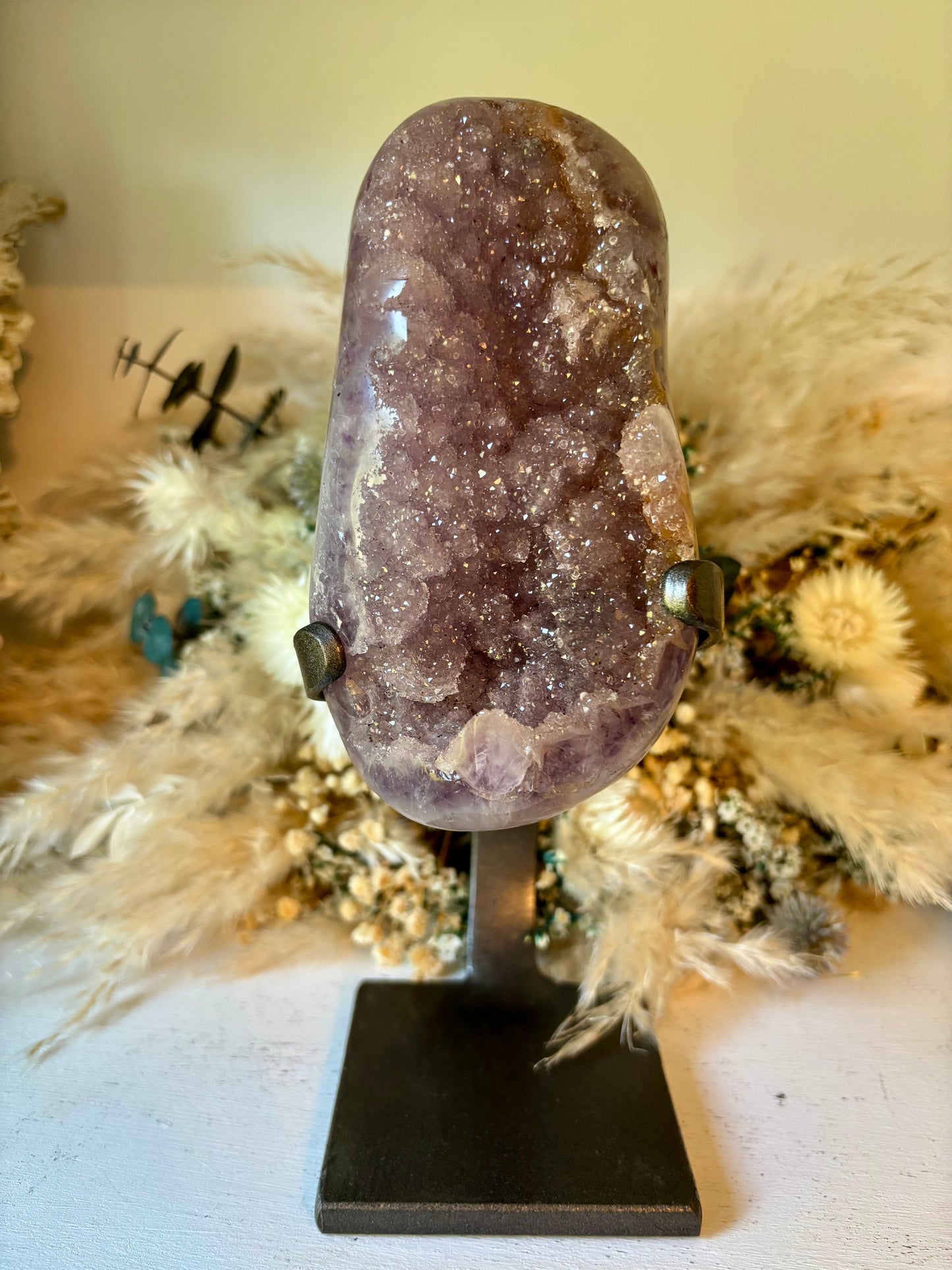 Sugary light purple rainbow amethyst on custom stand from Uruguay