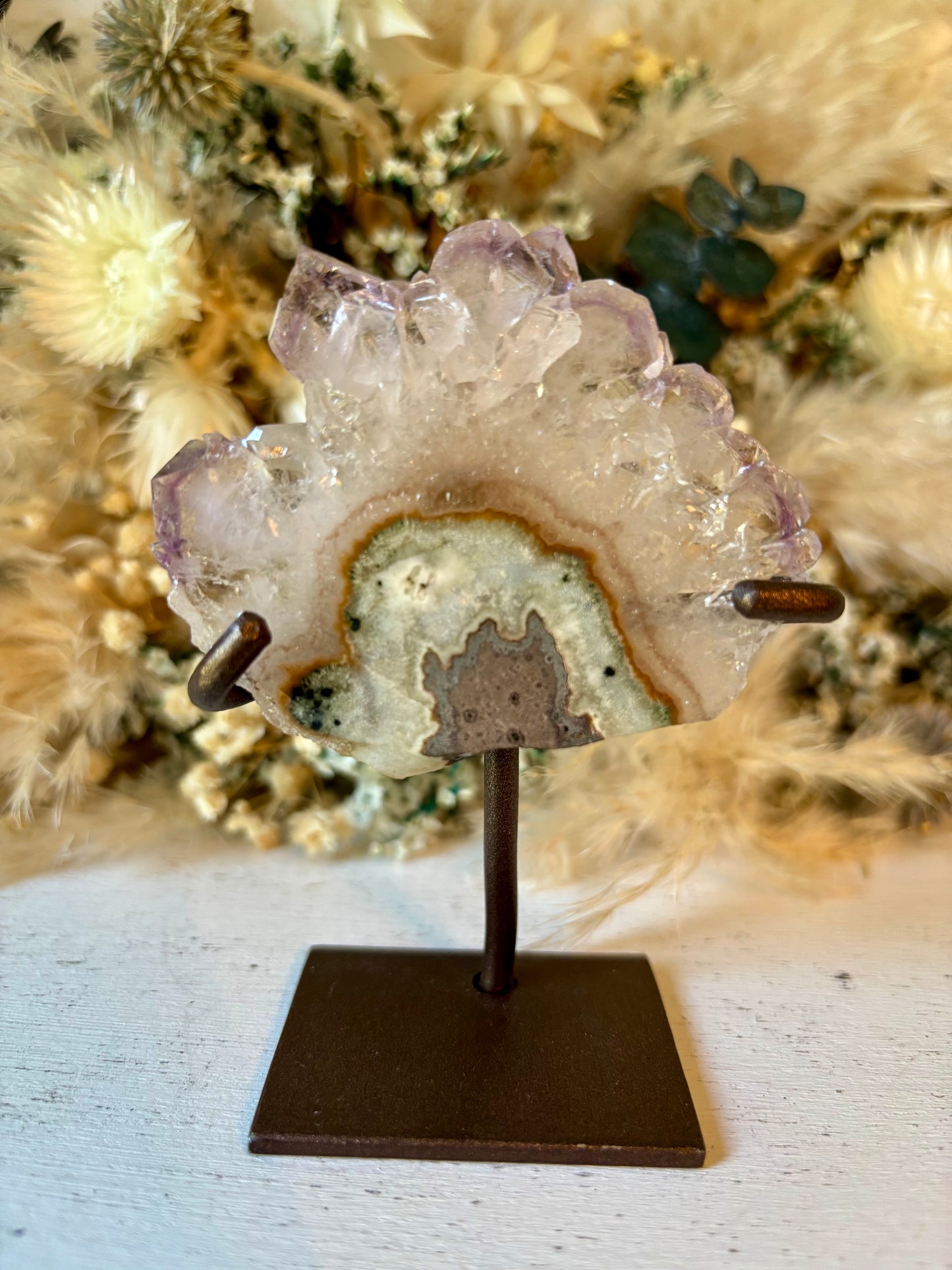 Amethyst stalactite flower in custom stand from Uruguay