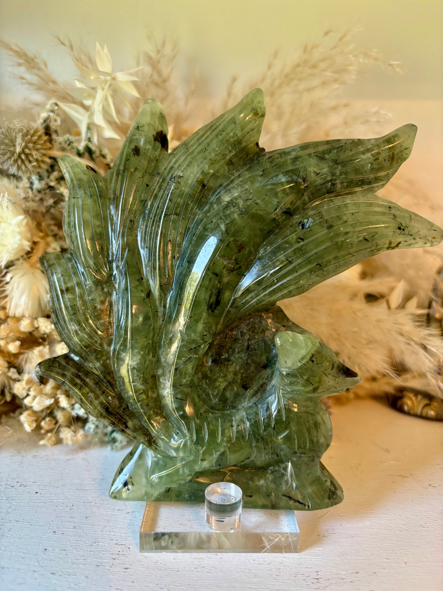 Prehnite nine-tailed fox, kitsune carving with stand