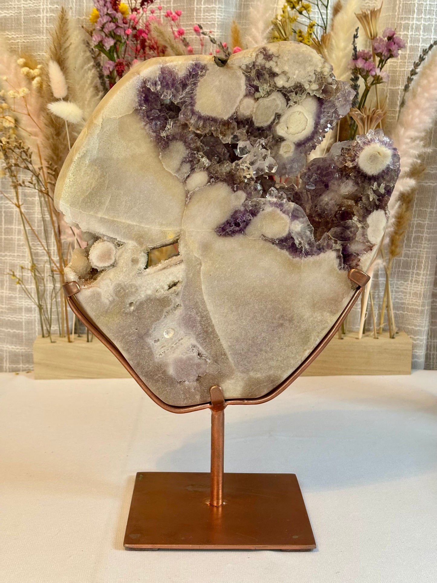 High quality pink amethyst slab with purple flower-like formations