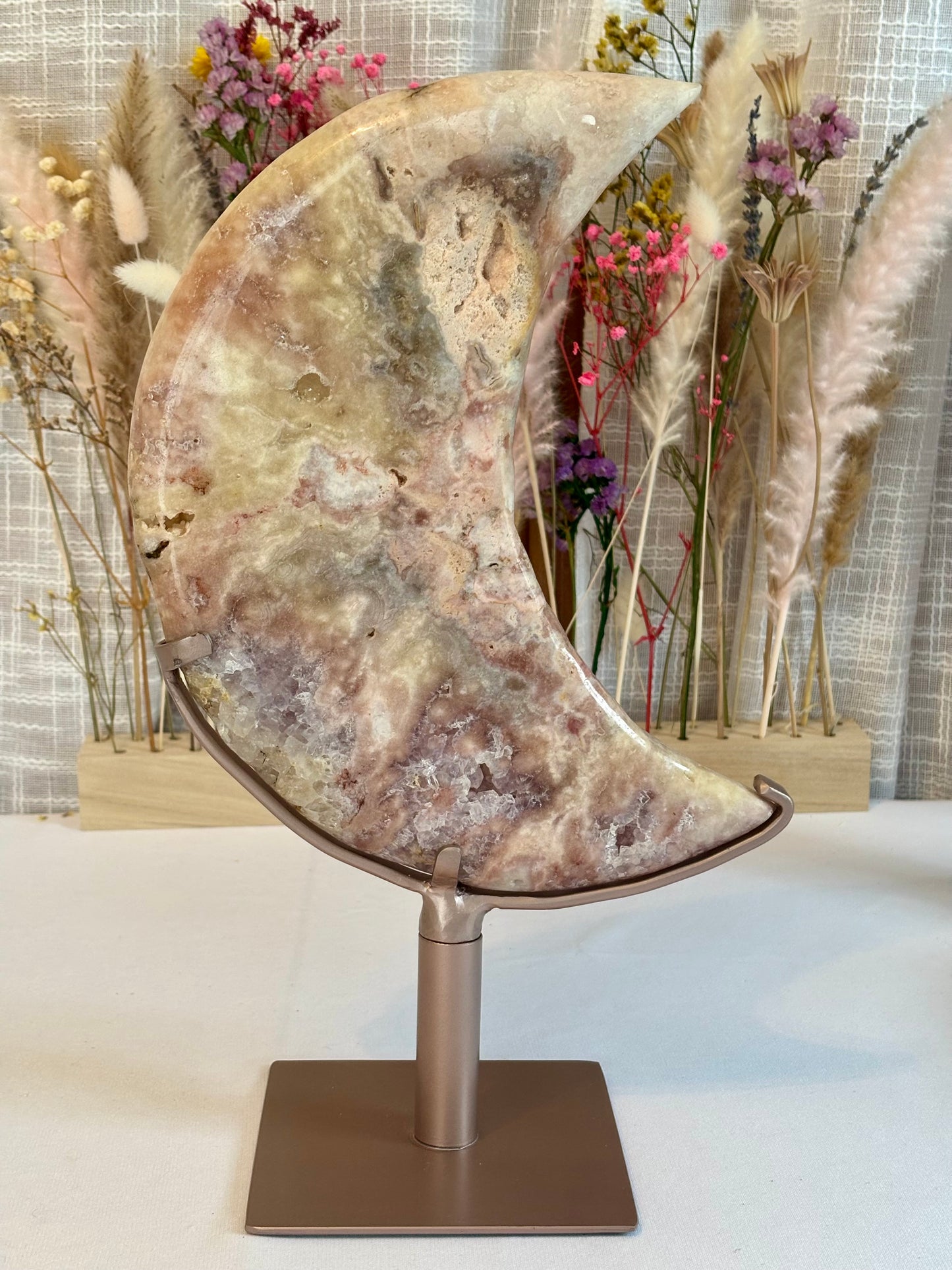 Pink amethyst moon on custom spinning stand
