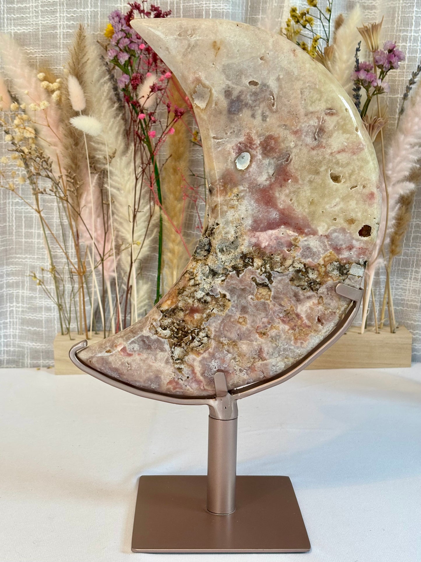 Pink amethyst moon on custom spinning stand