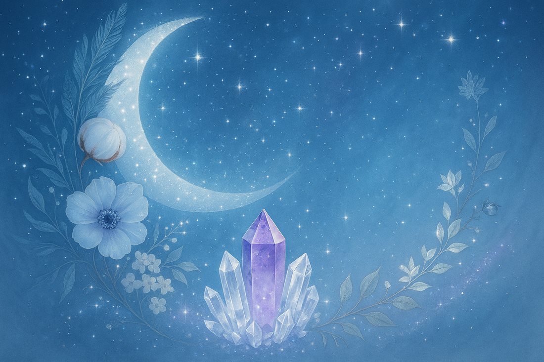 Sharp and bright magical zen background with dusty blue, sparkles, crescent moon, crystals and nature
